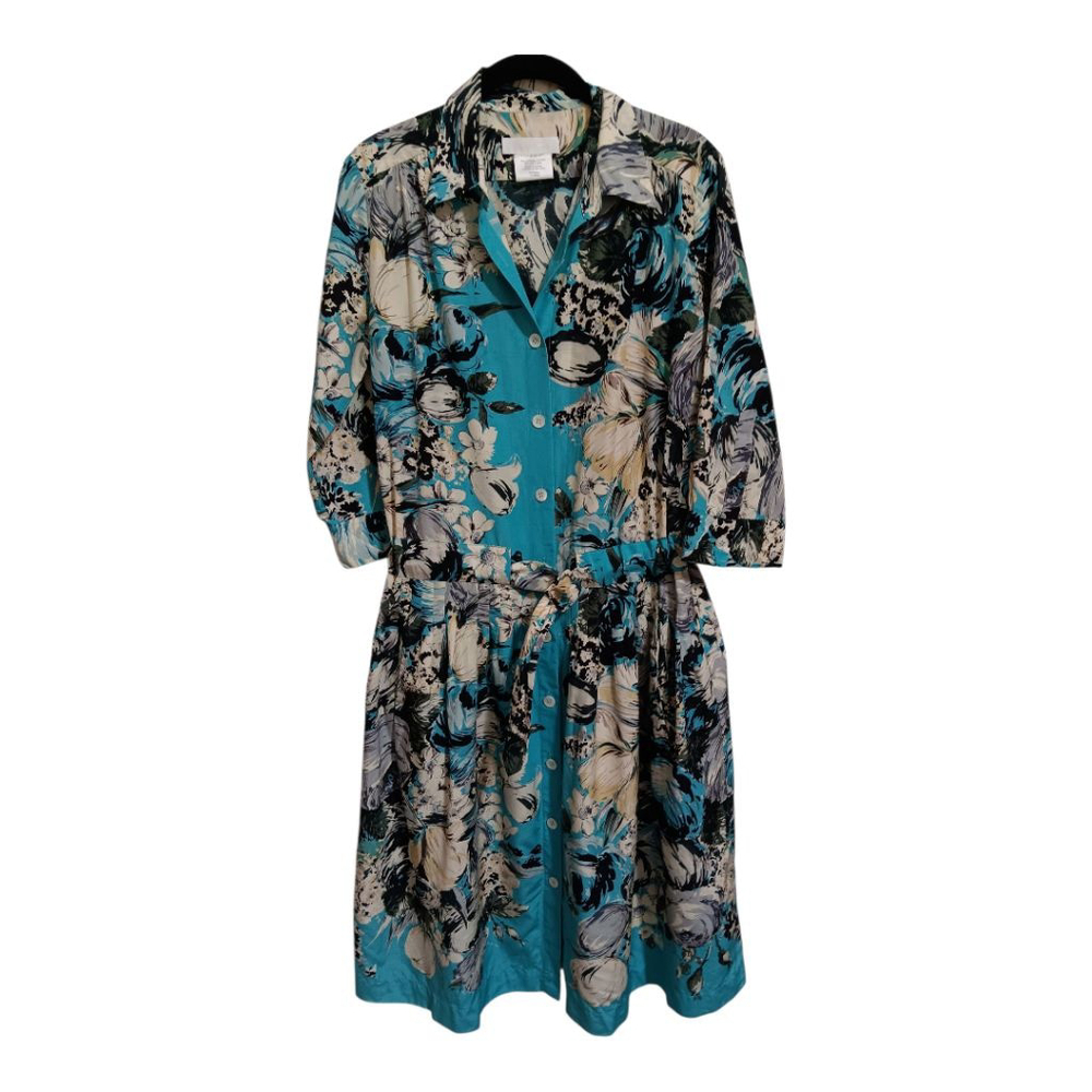 Nicole Farhi Silk Blend Turquoise Floral Button Up Belted Retro Midi Dress - Picture 15 of 16